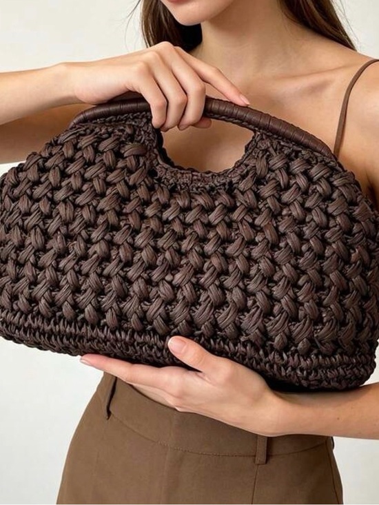 Handbags - NWT Vegan leather womens bag purse clutch Woven Handheld Tote Bag in Dark Brown